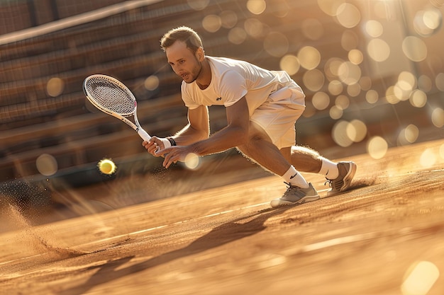 Focused Tennis Player Sliding to Hit a Backhand on Sunlit Clay Court