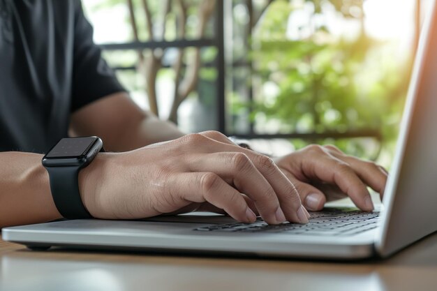 Photo focused typing on laptop keyboard with smartwatch in modern work setup