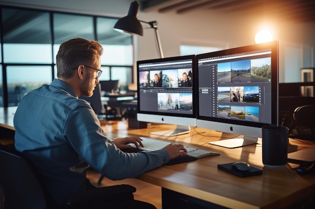 focused videographer editing movie on professional computer sitting at desk in business office