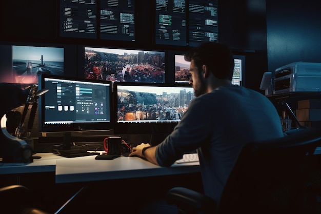 focused videographer editing movie on professional computer sitting at desk in business office