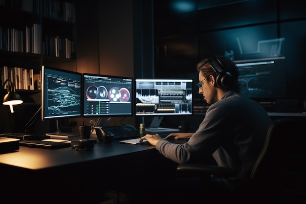 focused videographer editing movie on professional computer sitting at desk in business office