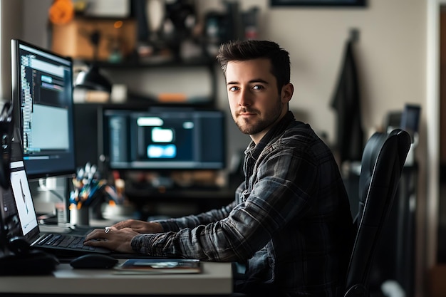 Focused Web Developer at Workstation in Professional Portrait