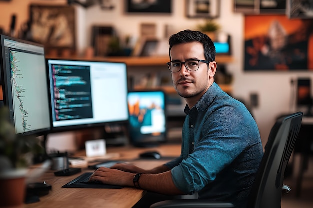 Focused Web Developer at Workstation in Professional Portrait