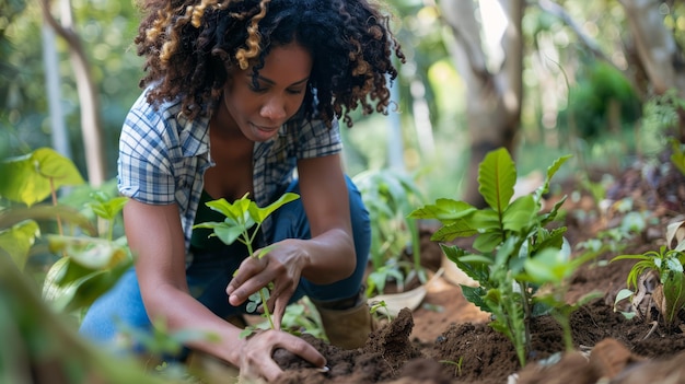 Focused woman planting saplings in earth Casual style outdoor activity Sustainable living and environmental conservation concept