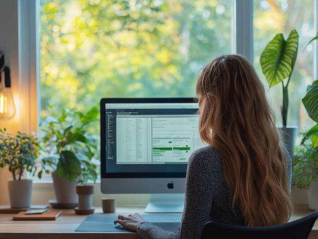 Focused Woman Using Project Management Software on Desktop in a Bright Home Office