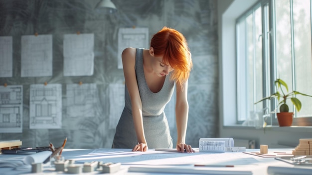 focused woman with short red hair is working on architectural drawings at a drafting table with sketches and a model building in front of her