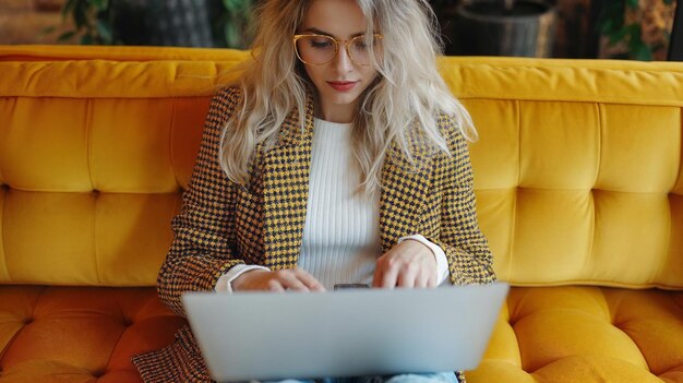 Focused woman on a yellow sofa working on a laptop immersed in her task