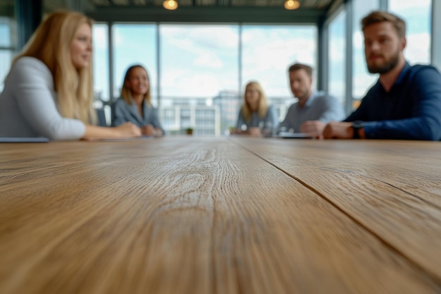 Photo focused wooden table in business meeting room