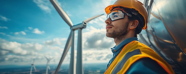 A focused worker in safety gear observes wind turbines against a bright sky embodying dedication to renewable energy