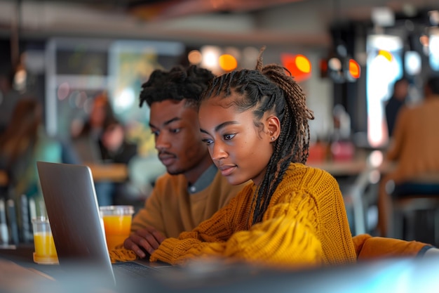 Focused Young Adults Collaborating in a Cozy Cafe