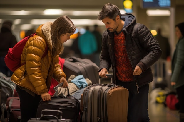 Photo focused young couple sorting their luggage amidst the bustling atmosphere of an airport terminal