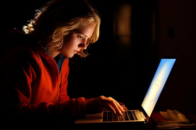 Focused young girl engaged in evening studies using a laptop immersing herself in knowledge