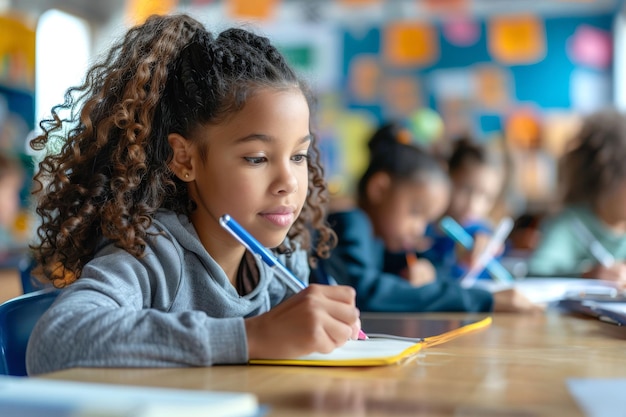 Focused young girl with curly hair writing in notebook during classroom