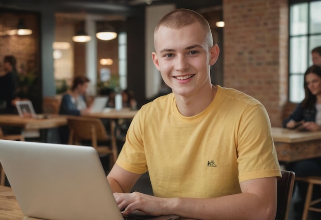 Focused young man in yellow shirt working on laptop in cafe