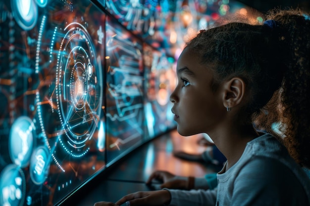 Focused young multiracial girl in futuristic control room with holographic screens