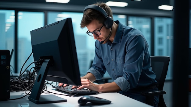 Photo focused young professional working on computer at desk with headset in modern office during evening hours