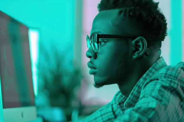 Focused Young Professional Working on Computer in Modern Office with Green Tint