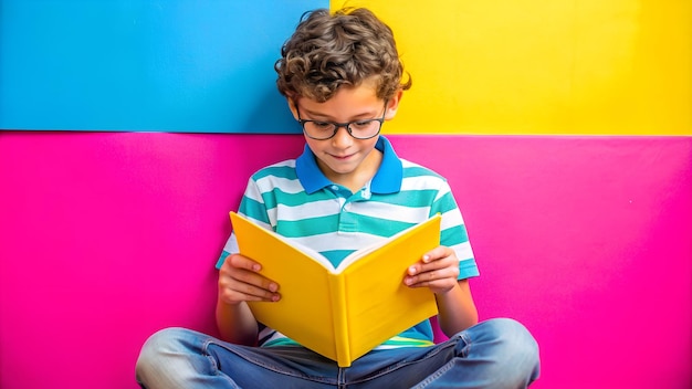 Focused Young Reader Holding a Bright Yellow Book on Pink Backdrop