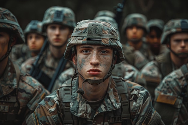 Focused Young Soldier with Freckles Standing Out in Military Formation During a Briefing