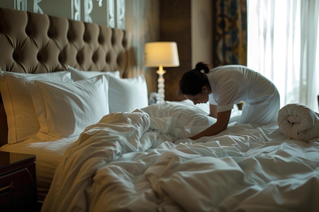 Focused Young Woman Arranging Bed Linen with Care Hotel Room Housekeeping Concept