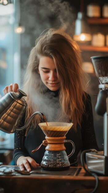 Focused young woman barista making pour over coffee in a coffee shop