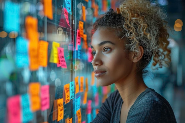 Focused young woman brainstorming ideas by looking at sticky notes on a glass board in a creative wo