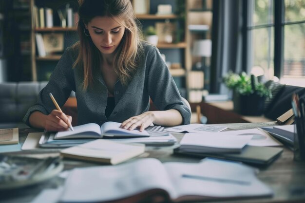 Photo focused young woman studying in cozy home office