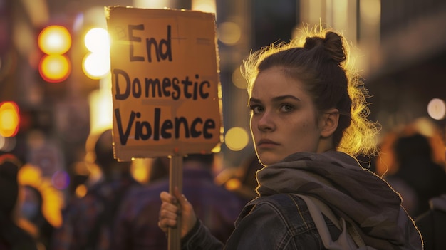 Focused young woman with a sign advocating to end domestic violence at twilight