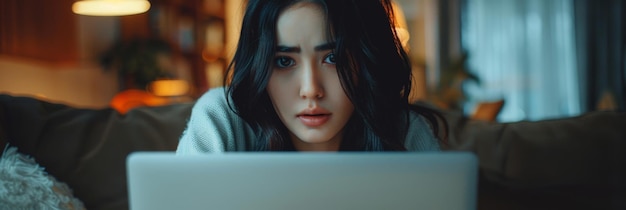 Focused Young Woman Working Late on Laptop at Home