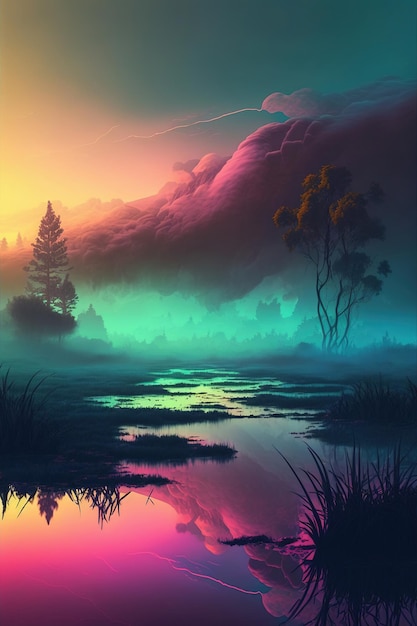 fog covered colorful nature landscape