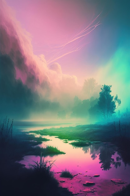 fog covered colorful nature landscape