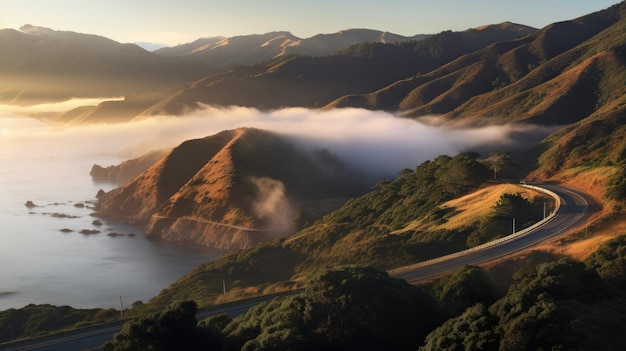 Fog covers the mountains and the fog