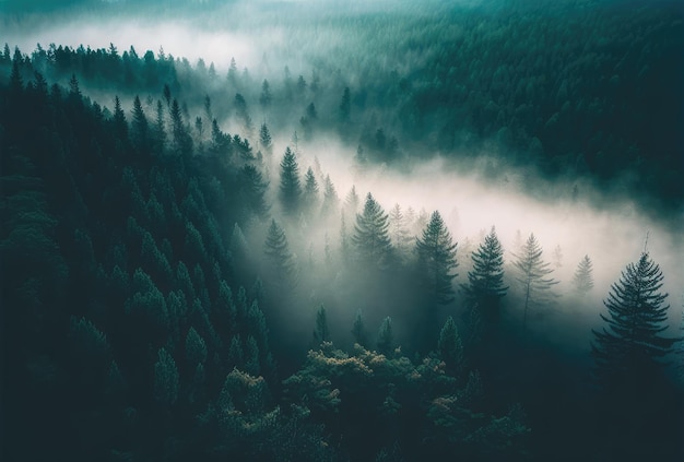 Fog in forest aerial view Generative AI