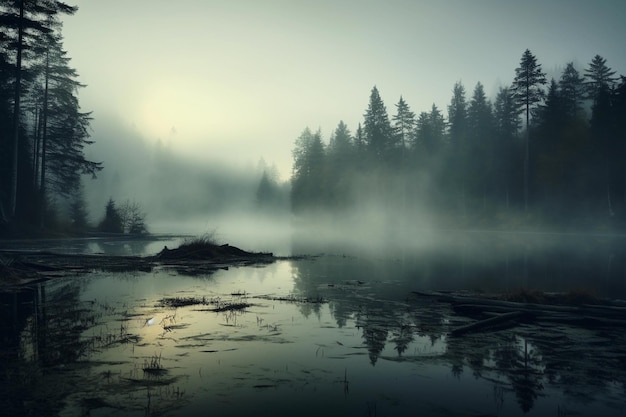 Fog over the lake Beautiful landscape