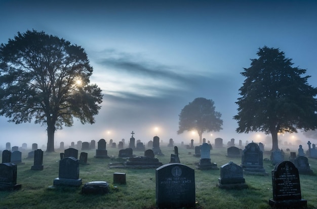 Fog rolling over gravestones in the earl