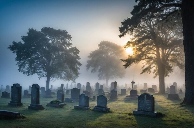 Fog rolling over gravestones in the earl