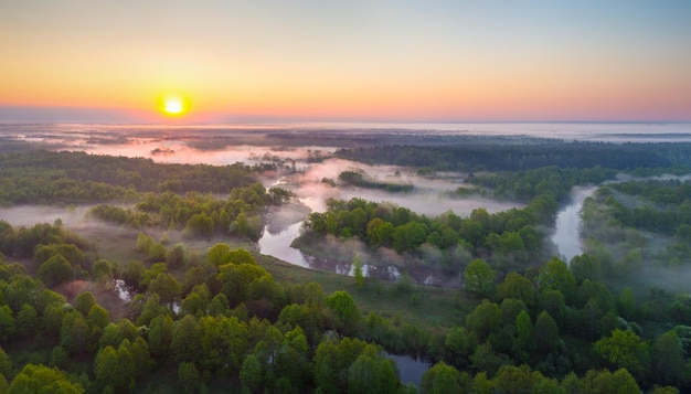 Fog over West Biarezina river in Naliboki pushcha Belarus