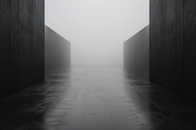 A fogfilled hallway leads into a dark empty room creating a mysterious and eerie atmosphere An infinite expanse of black just waiting for your creativity