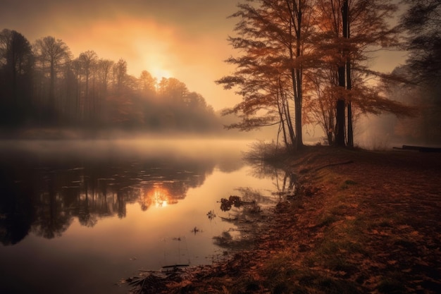 Foggy Autumn Morning Colorful Trees by the Lake