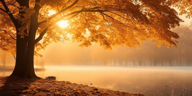 foggy autumn morning when the sun rises casting a golden hue