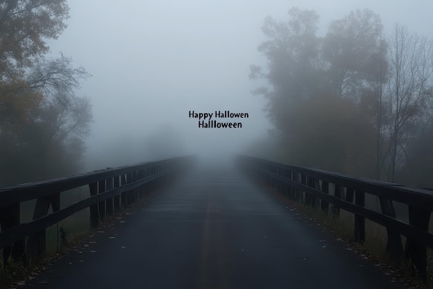 Photo foggy bridge collage photos of a fogcovered bridge with spooky ambiance the text happy halloween