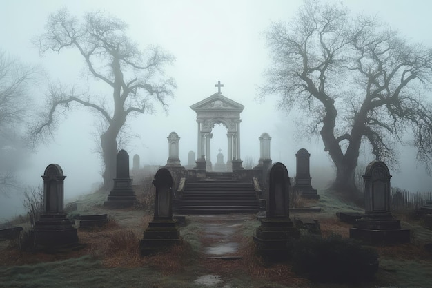 Photo foggy cemetery with weathered tombstones mysterious atmosphere