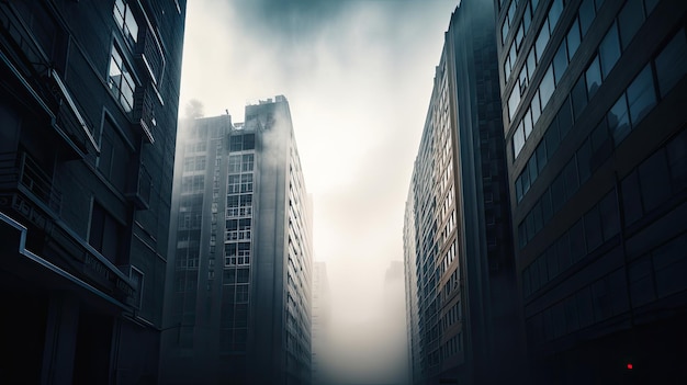 A foggy cityscape with a dark cityscape in the background.