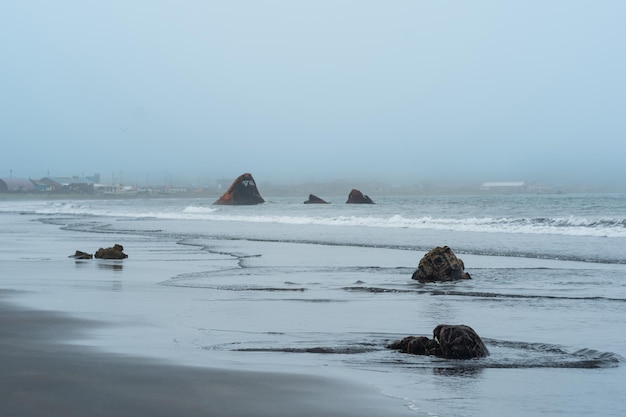 Foggy coastline of Kunashir island with rusty shipwrecks during overcast