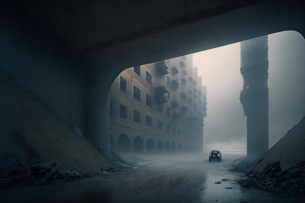 Foggy concrete apocalyptic world cinematic movie cold.