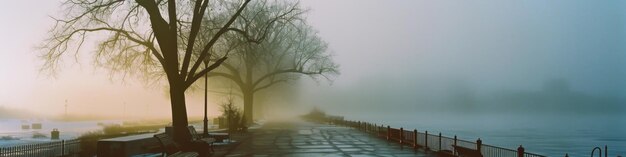 Photo a foggy day on a lake with benches and trees