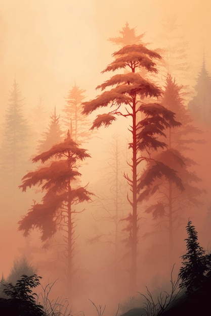 foggy fog in hill with pine trees in the style of light orange and light crimson organic naturein