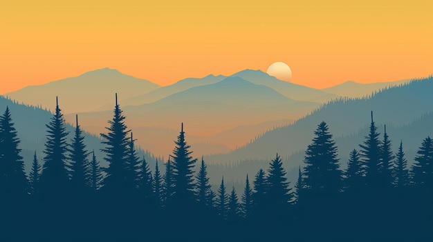 Foggy forest in the mountains at sunset