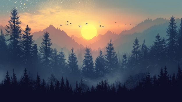 Foggy forest in the mountains at sunset