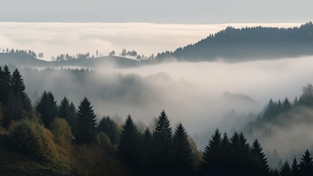 Foggy forest in the mountains with a forest in the foreground